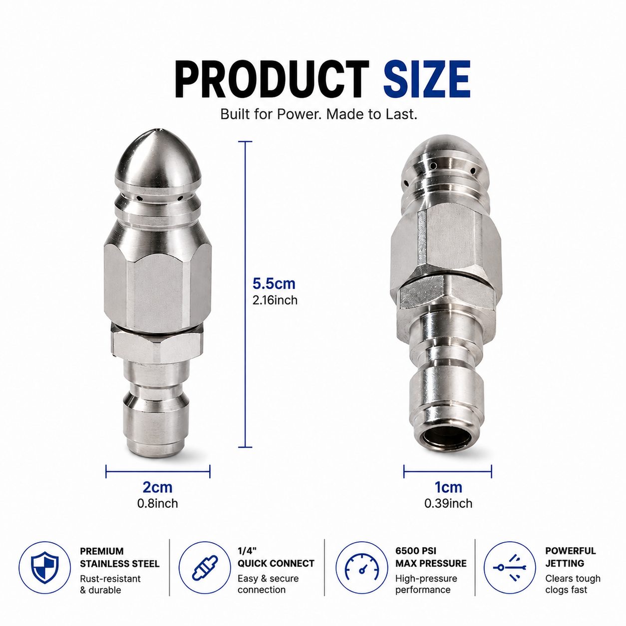 6500 PSI Stainless Steel Sewer Jetter Nozzle – 1/4" Quick Connect Drain Cleaning Attachment for Pressure Washers