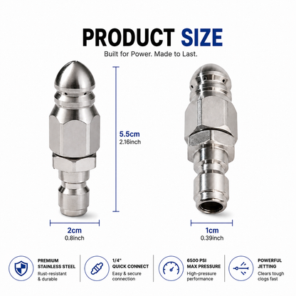 6500 PSI Stainless Steel Sewer Jetter Nozzle – 1/4" Quick Connect Drain Cleaning Attachment for Pressure Washers