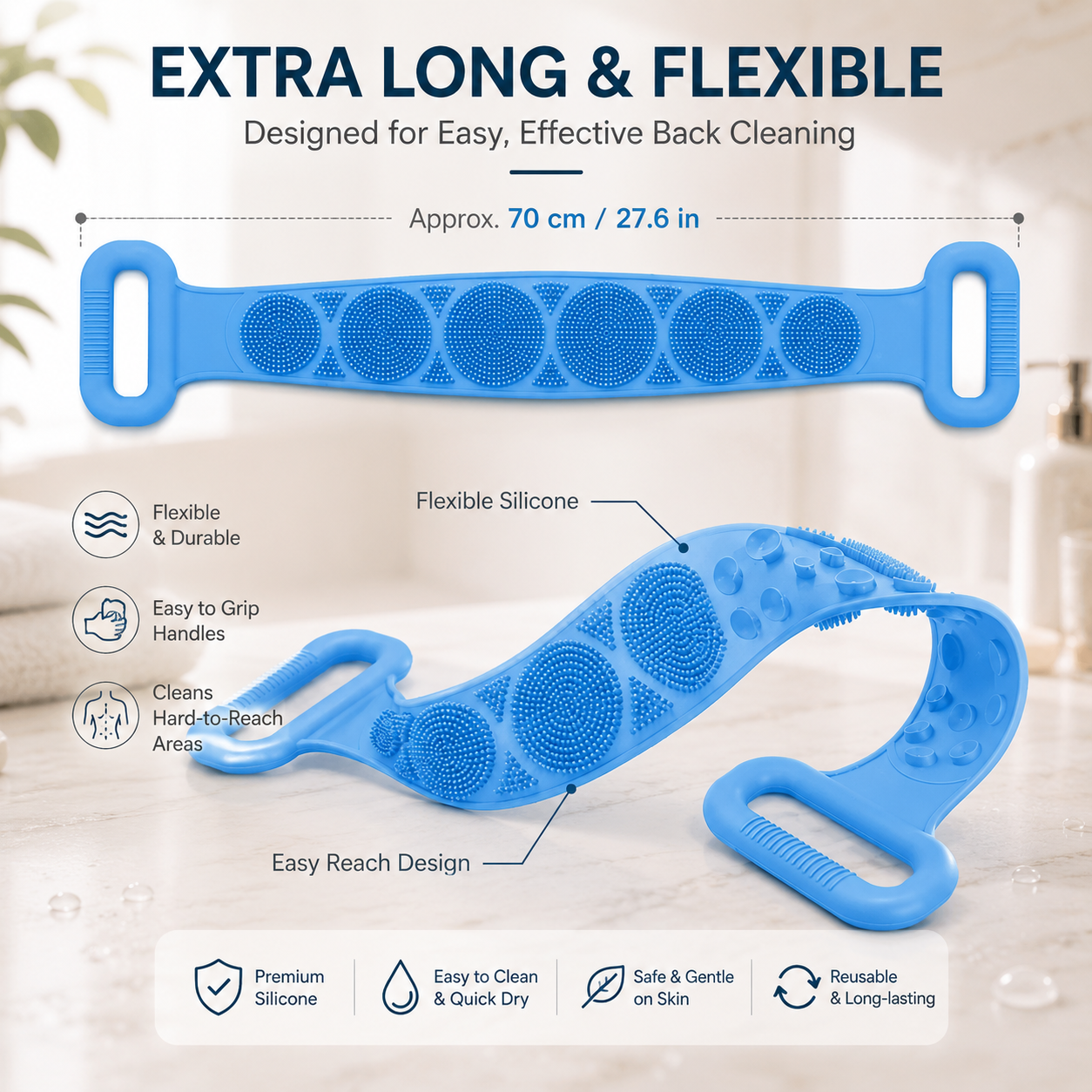 Double-Sided Silicone Back Scrubber – Long Exfoliating Bath Brush🛁