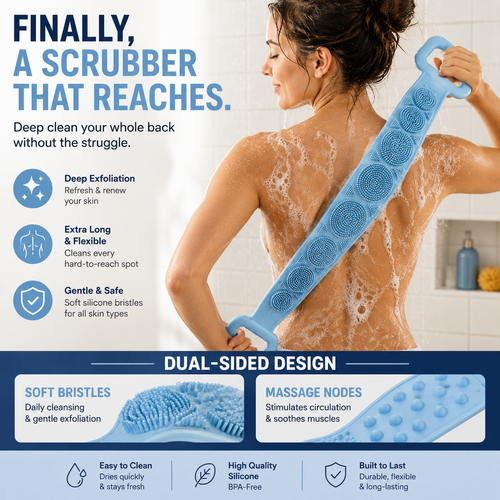 Double-Sided Silicone Back Scrubber – Long Exfoliating Bath Brush🛁