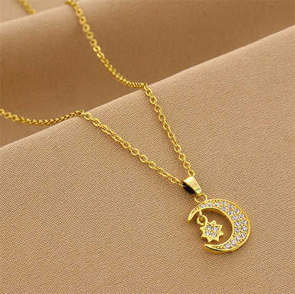 Full Rhinestone Moon and Star Mythology Necklace